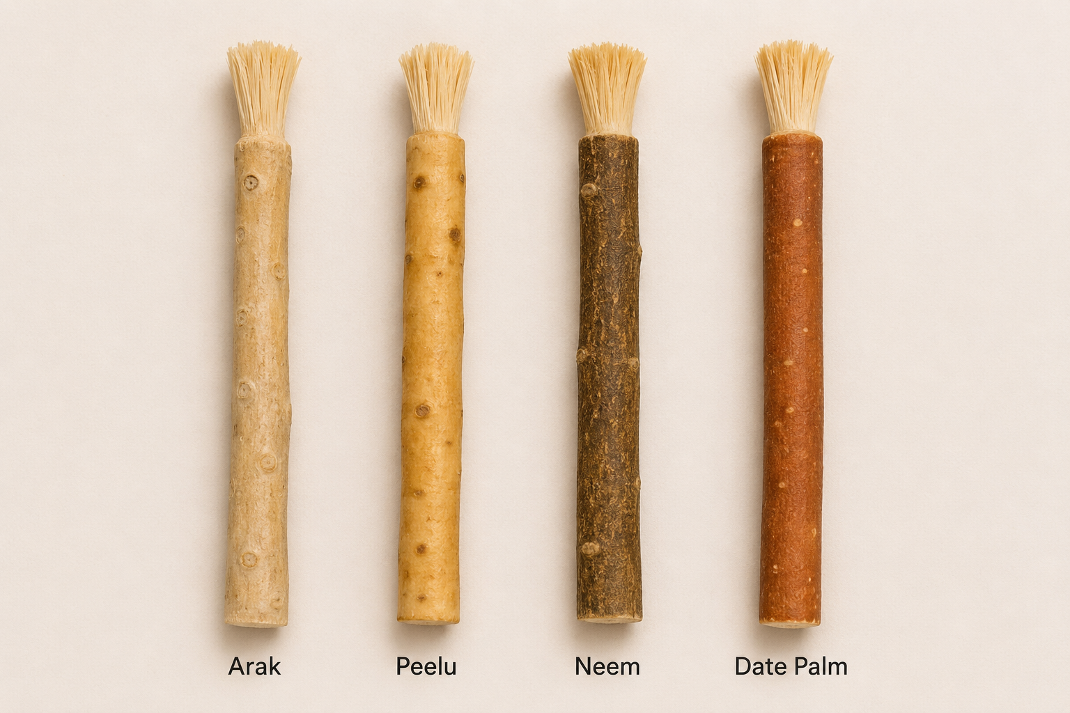 Four miswak sticks side by side (Arak, Peelu, Neem, Date Palm