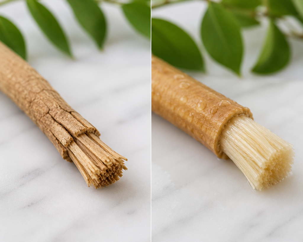 dry hardened miswak stick compared with fresh soft miswak stick