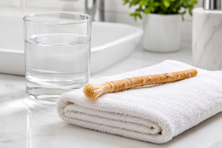 freshly rinsed clean miswak stick on a white towel beside clear water