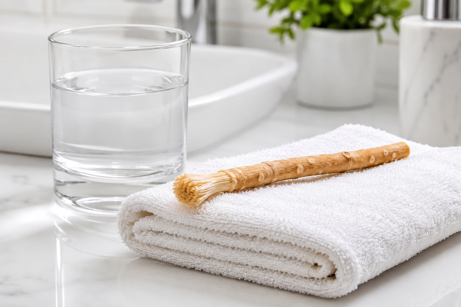 freshly rinsed clean miswak stick on a white towel beside clear water