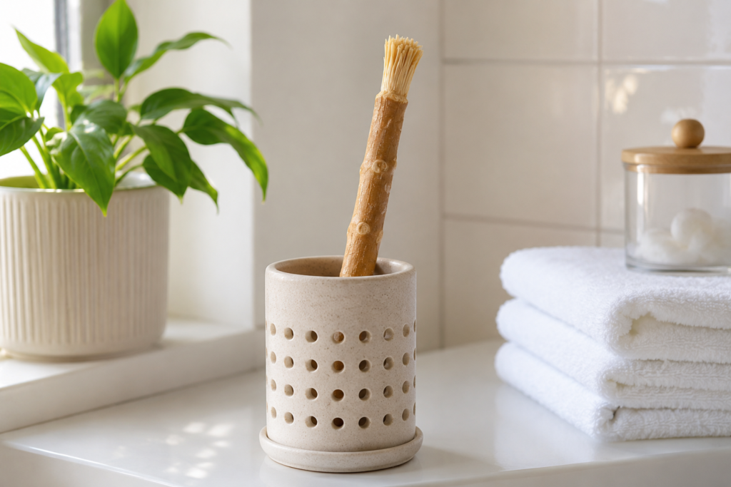  miswak stick air drying upright in ventilated holder on clean shelf
