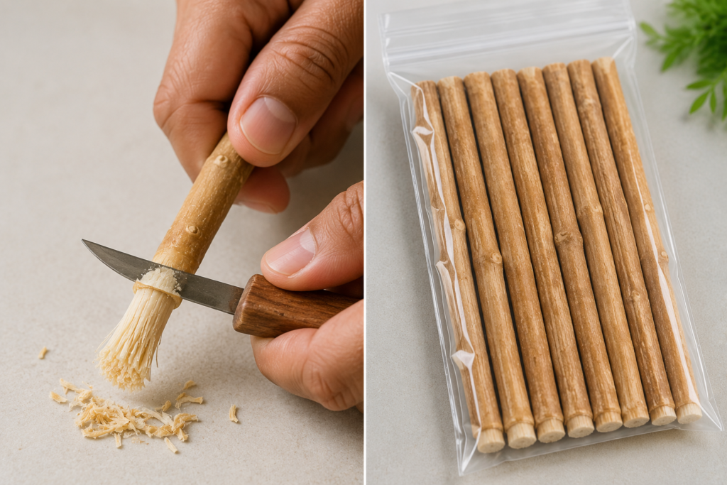 miswak stick in daily use next to sealed pack of unused miswak sticks