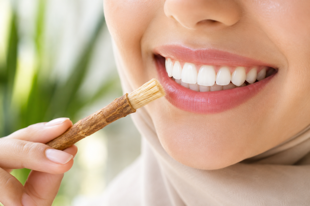 bright clean smile with a fresh miswak stick for natural teeth whitening