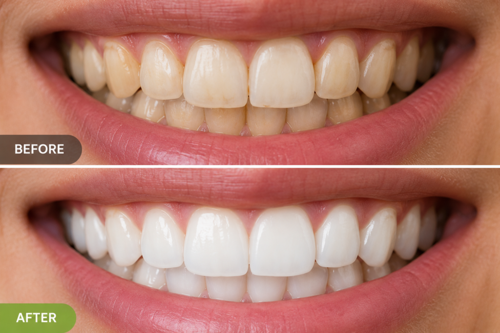 before and after miswak surface stain removal brighter teeth