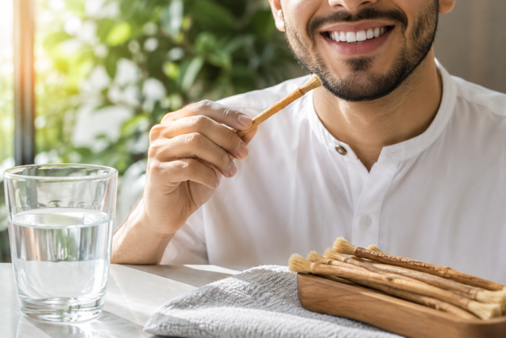 bright healthy smile with water and miswak stick for whiter teeth habits