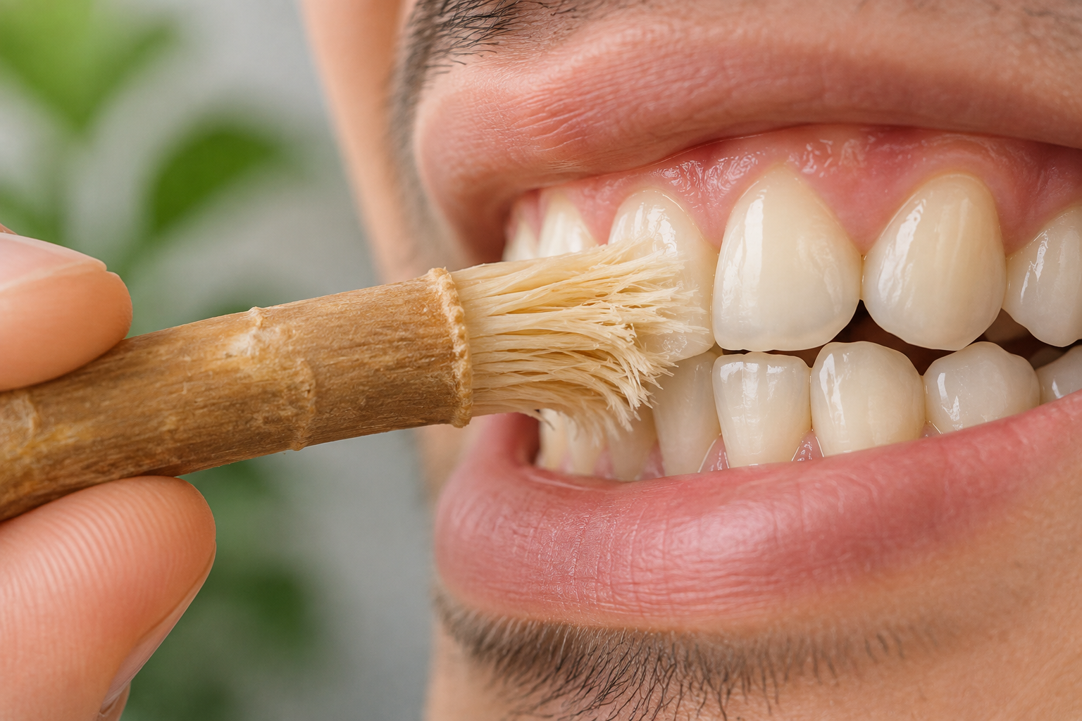 Frayed miswak stick bristles cleaning teeth