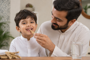 parent helping a child use a soft miswak stick safely at home
