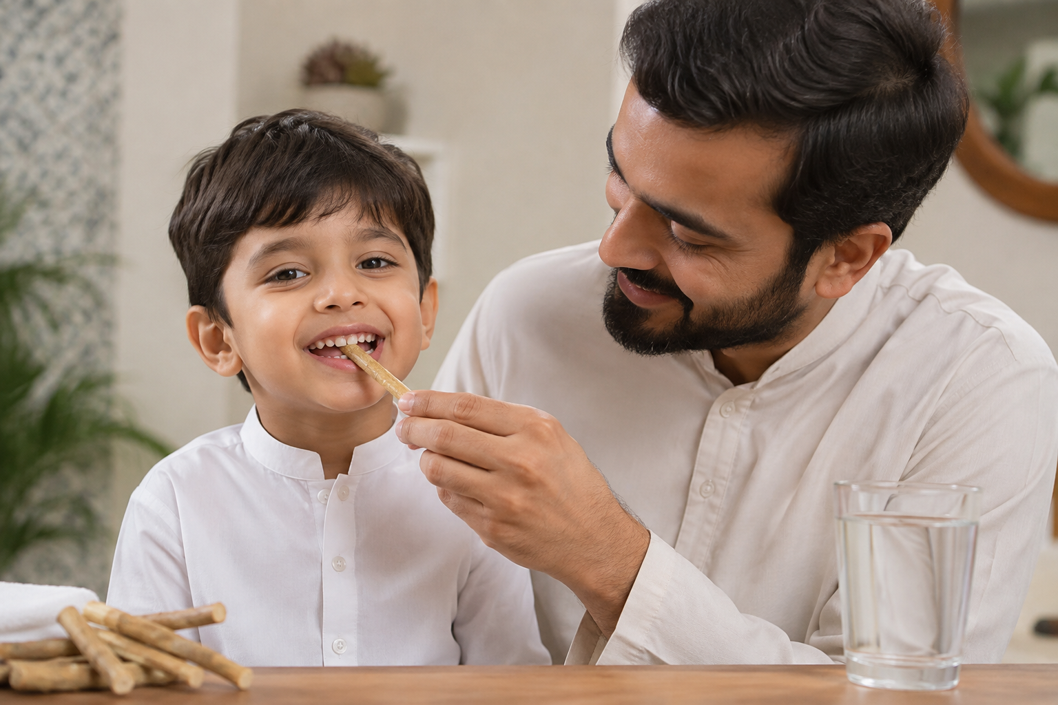 parent helping a child use a soft miswak stick safely at home