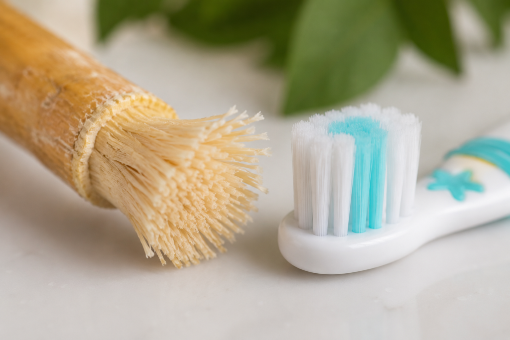 soft fluffed miswak tip suitable for children next to a child toothbrush