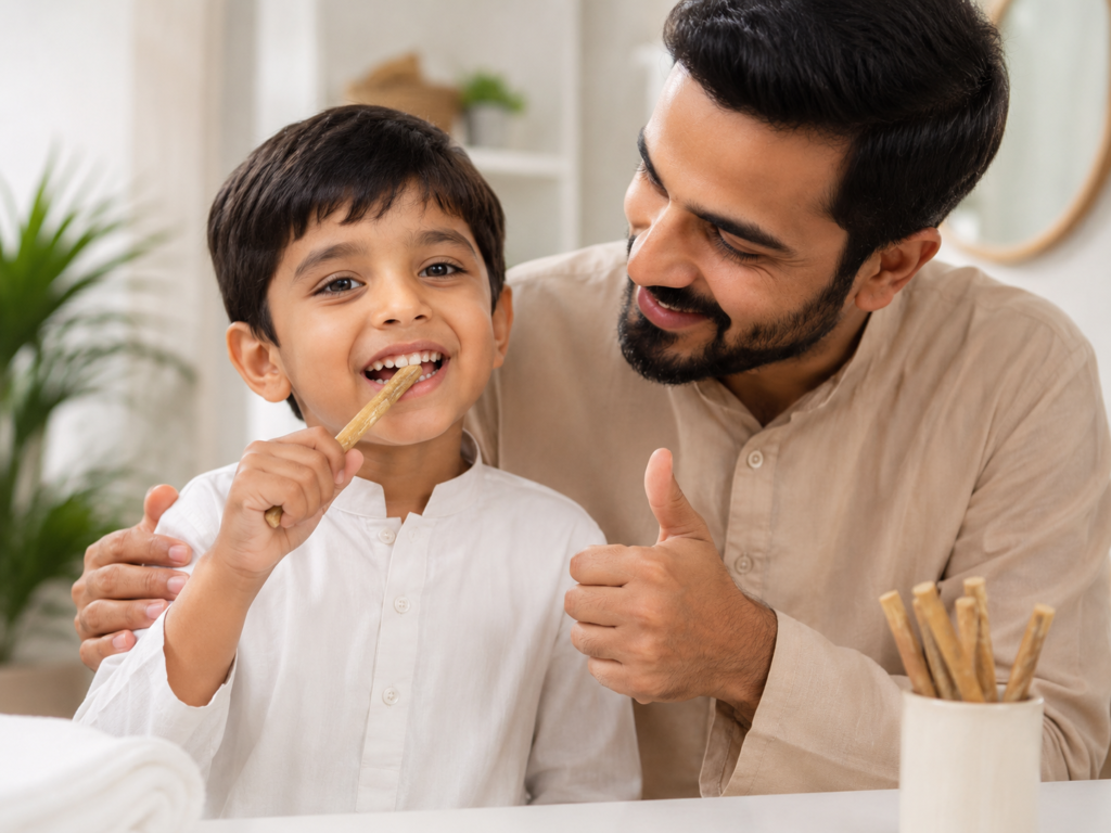 happy child learning to use miswak with parent guidance