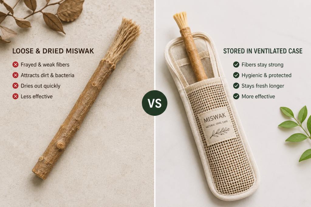  dried damaged miswak versus fresh miswak stored in travel case