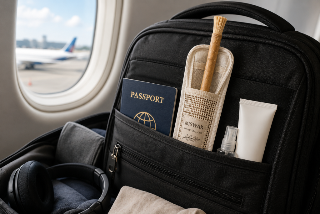 Miswak stick in a travel case packed in carry-on luggage for a flight