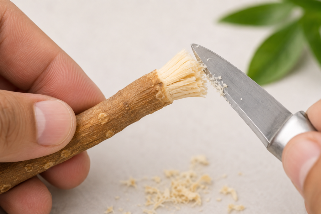 Trimming miswak stick tip to expose fresh wood