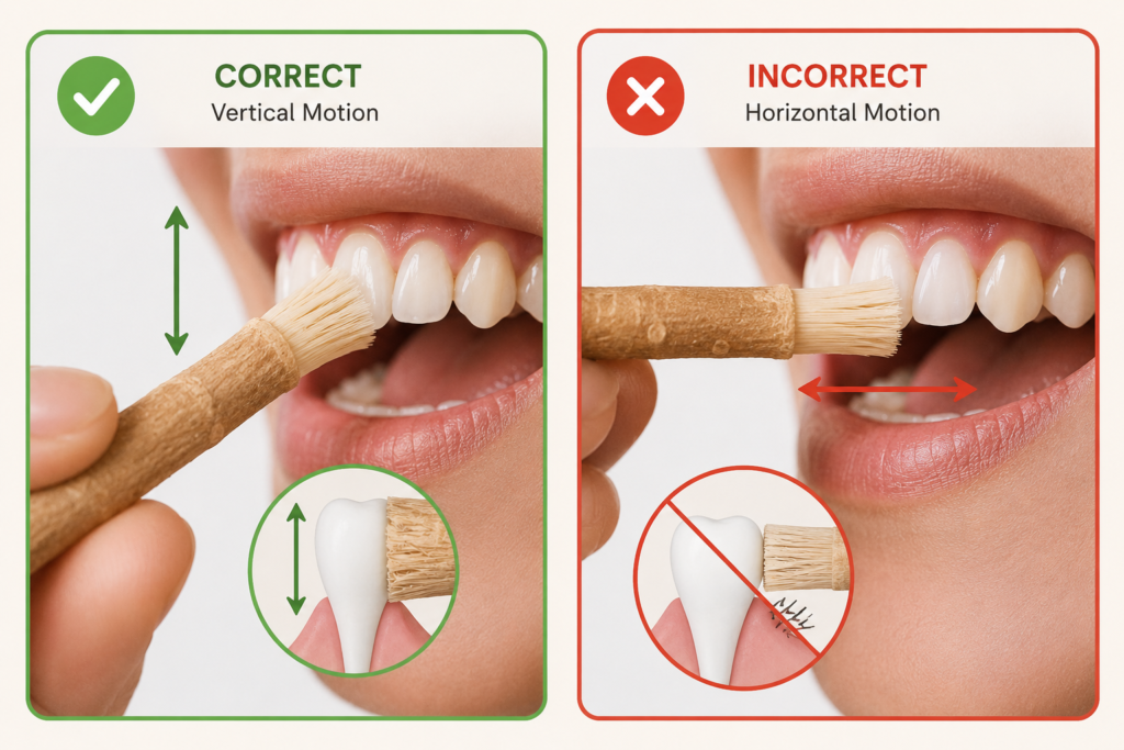 correct vertical miswak brushing stroke versus wrong horizontal motion