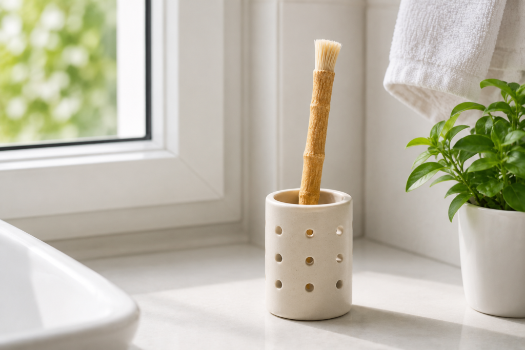 miswak stick air drying upright in a ventilated holder