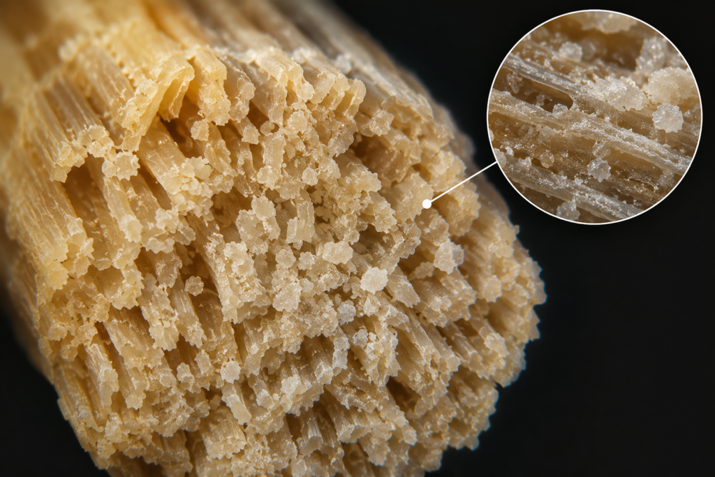microscope close up of miswak fibre natural abrasive crystals