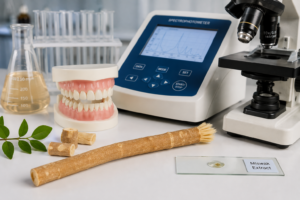 miswak stick with laboratory research setup studying teeth whitening