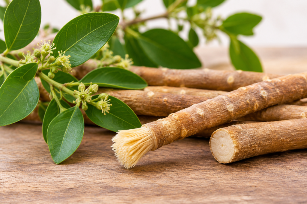 Fresh arak branch and cut miswak stick used in the Sunnah practice