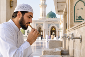 Muslim man using a miswak stick before prayer at the masjid wudu area