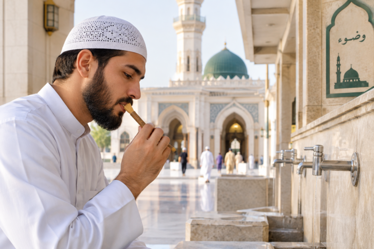 Muslim man using a miswak stick before prayer at the masjid wudu area