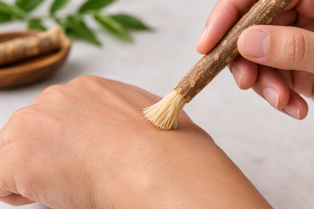 Testing prepared miswak bristles against the back of the hand for softness