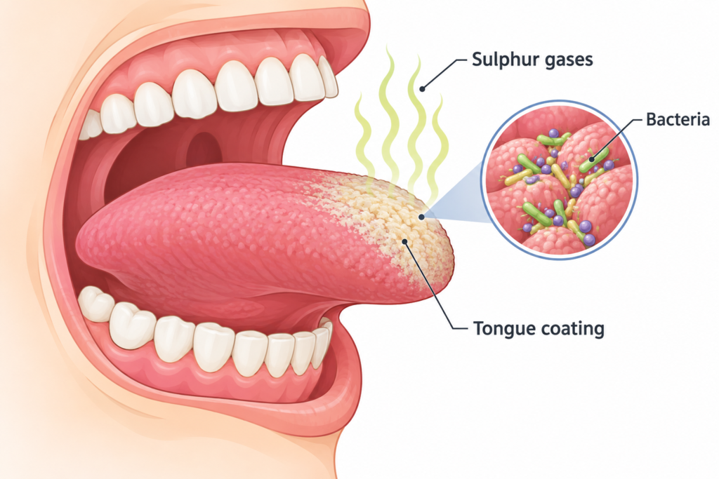 Diagram showing bacteria on the back of the tongue releasing sulphur compounds