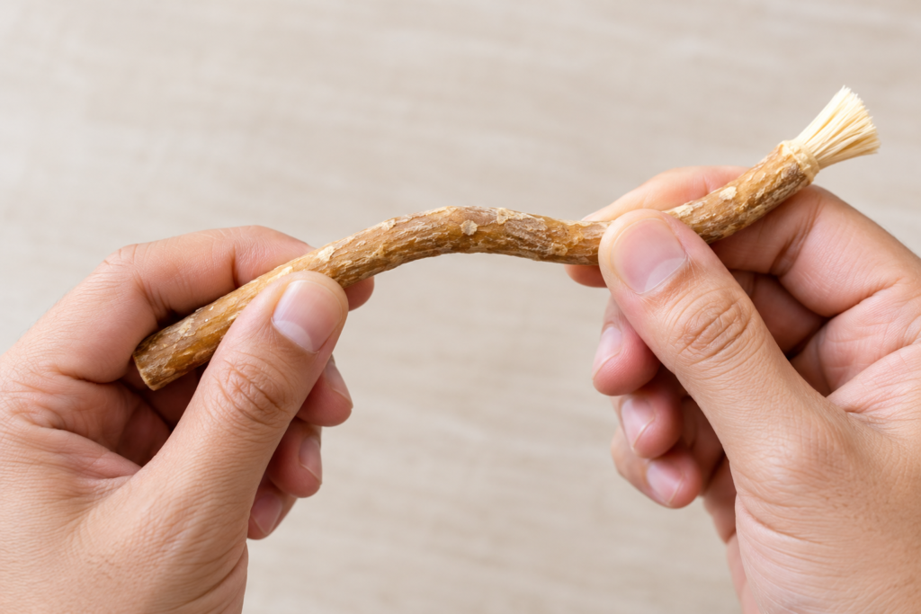 Testing a miswak stick for flexibility before preparing it
