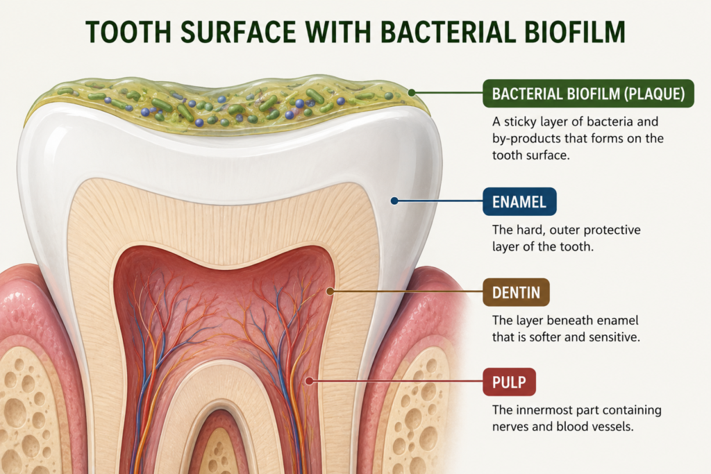 Cross section of a tooth showing dental plaque biofilm on the enamel
