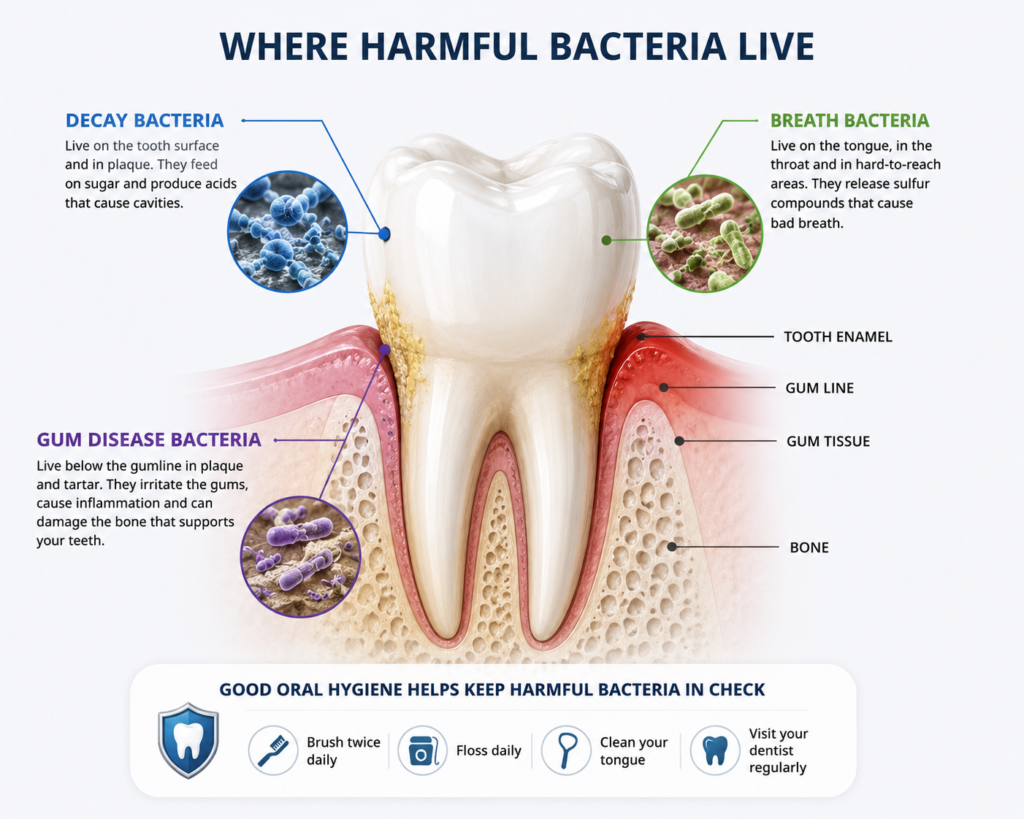 Diagram showing where harmful oral bacteria live on teeth, gums and tongue
