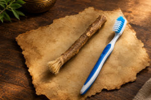 Ancient arak chewing stick beside a modern toothbrush showing the history of oral care