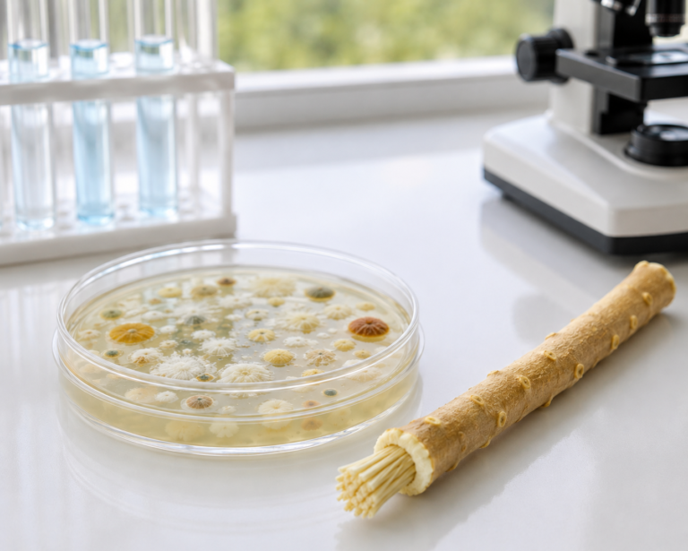 Miswak stick beside a bacterial culture showing its antibacterial action