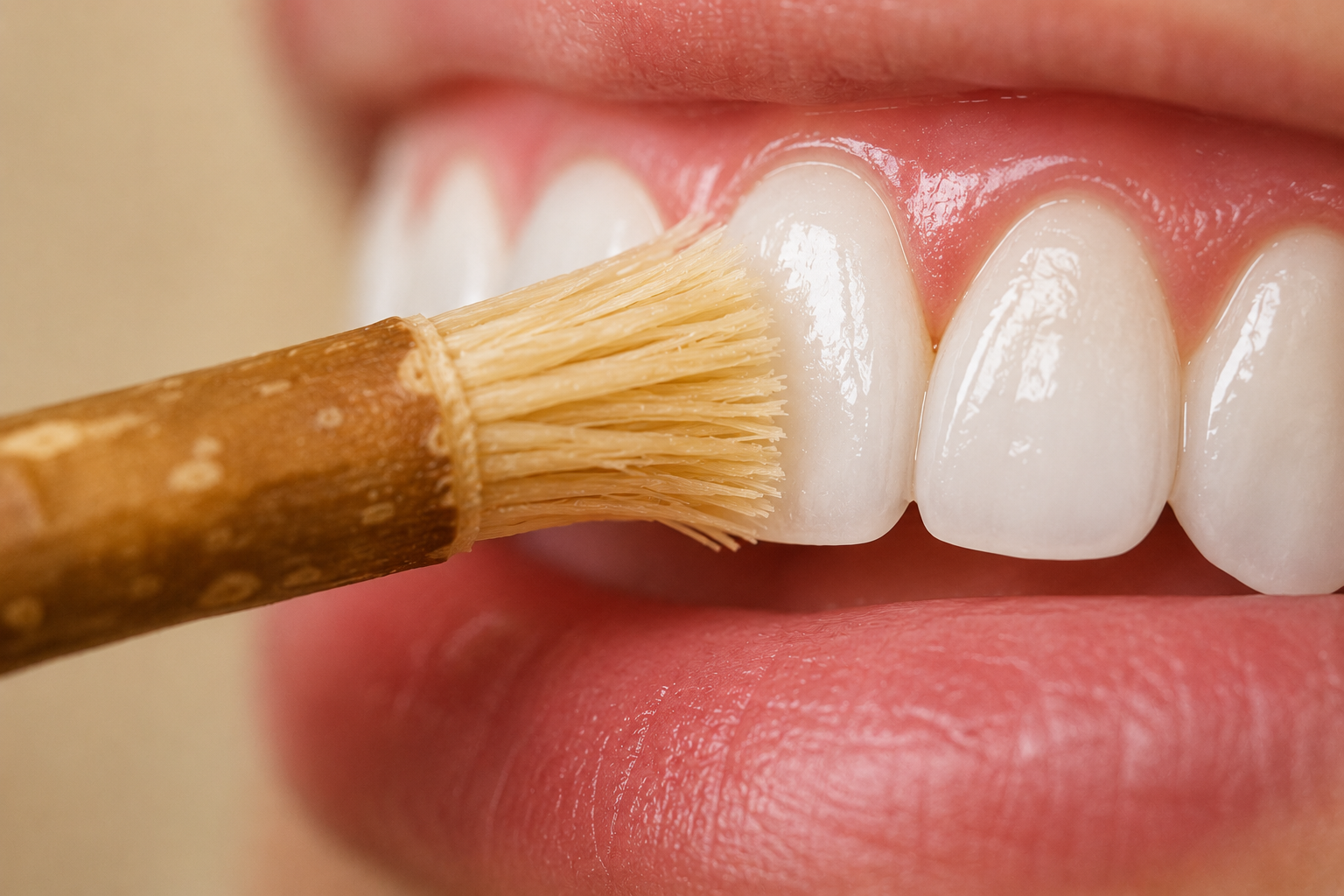 Fresh miswak stick fibres cleaning teeth to prevent plaque build-up