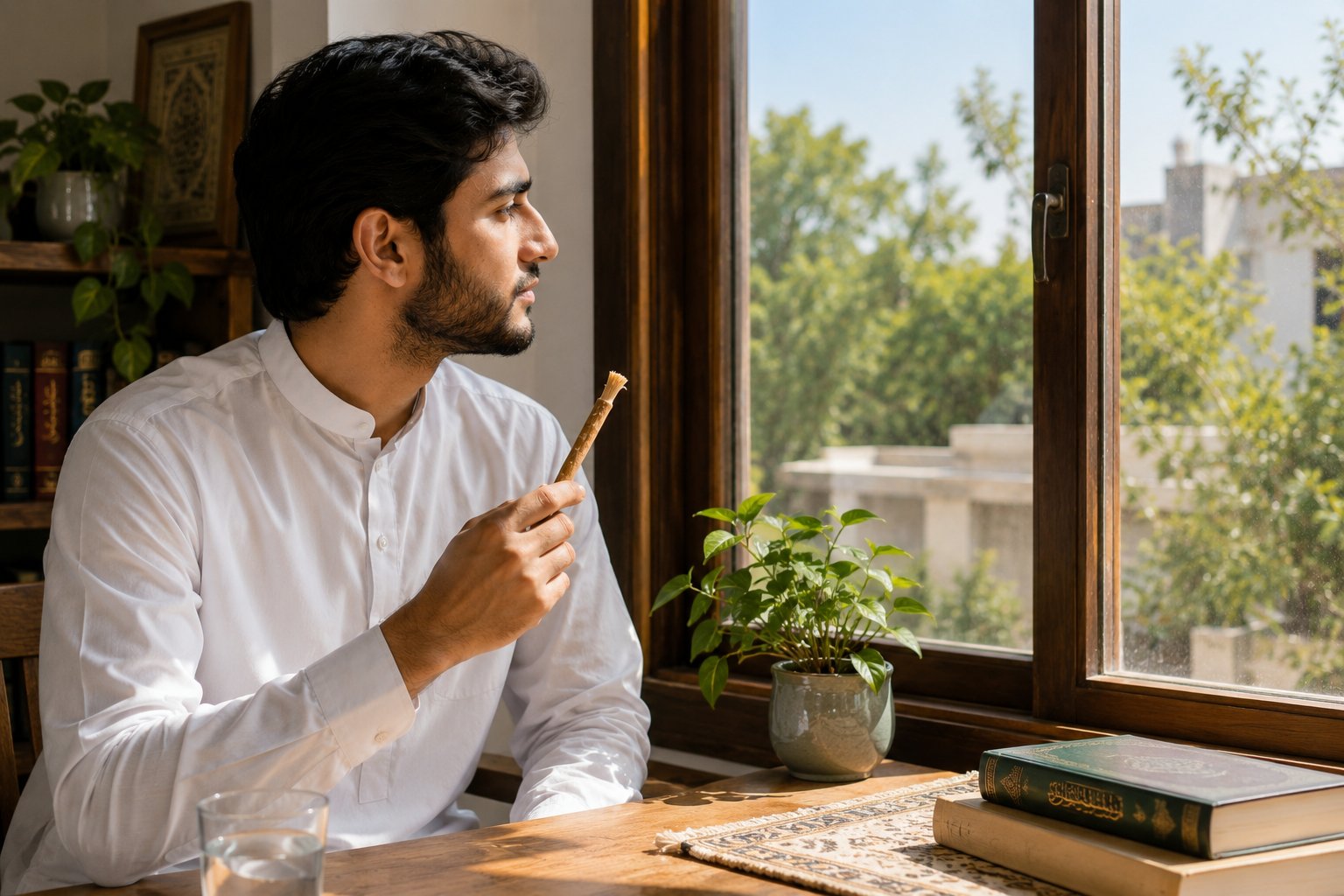 Person using a miswak stick during a daily oral care routine