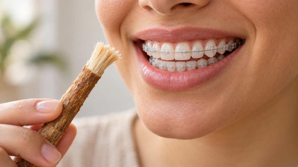 Adult with ceramic braces holding a soft-tipped miswak stick near the teeth