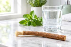 Fresh miswak stick beside a glass of water for naturally fresh breath
