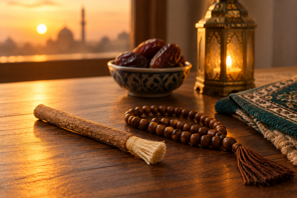 Miswak stick beside prayer beads on a table during a Ramadan fast