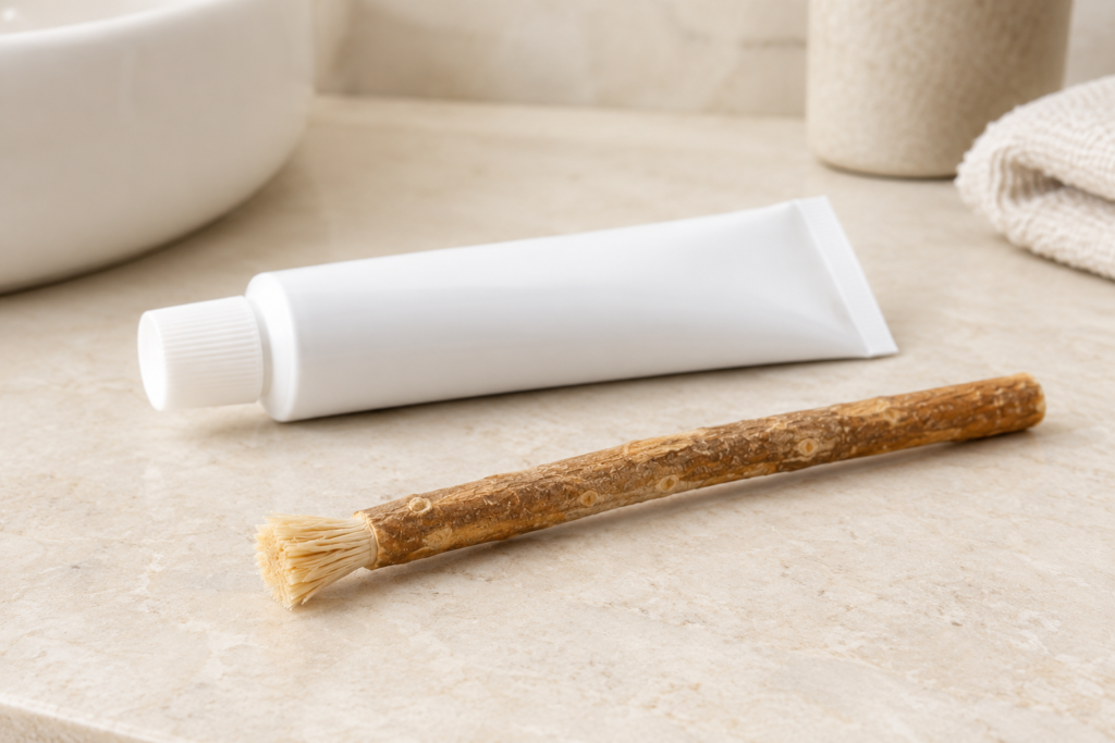 Miswak stick in focus with a plain unbranded toothpaste tube blurred behind