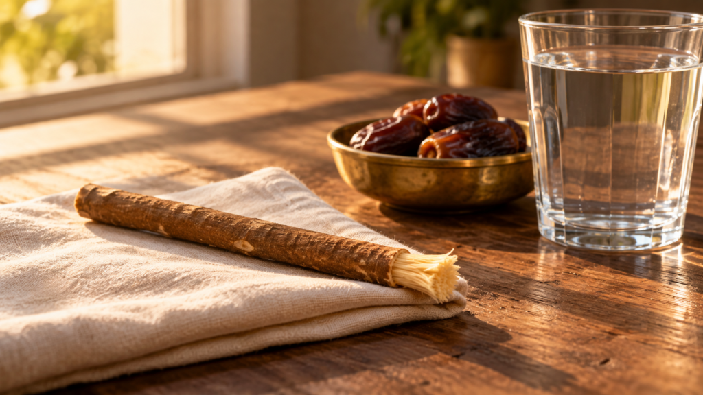 Miswak stick beside dates and a glass of water in late afternoon light during Ramadan