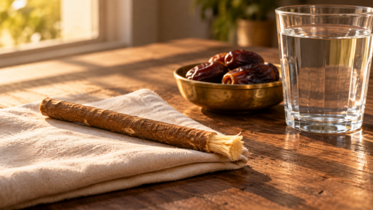 Miswak stick beside dates and a glass of water in late afternoon light during Ramadan