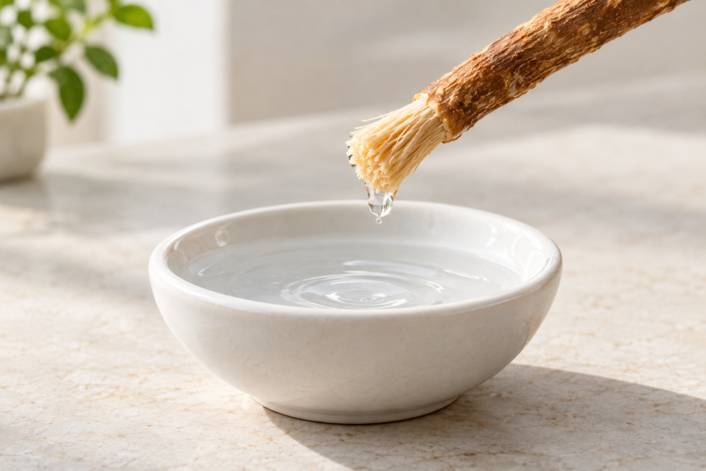 Miswak stick lifted from a bowl of water with a droplet falling