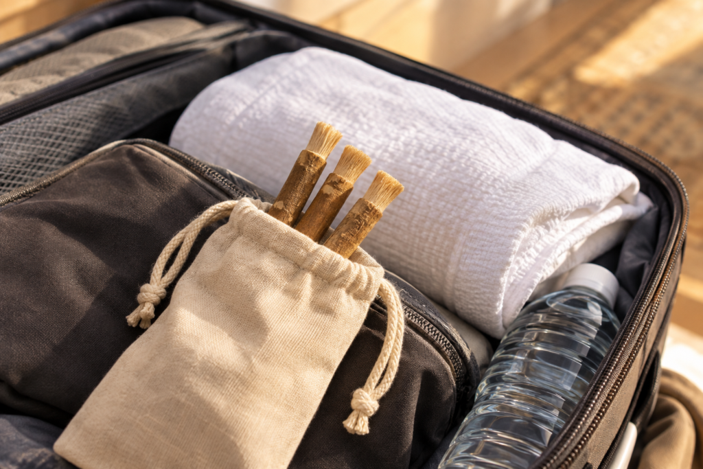 Three miswak sticks in a cotton pouch on top of a packed bag with ihram cloth