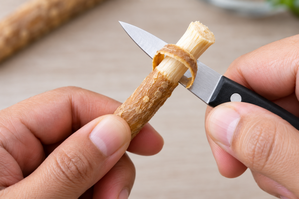  Peeling one centimetre of bark from the end of a miswak stick