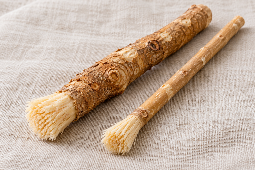 Thick root miswak and thin twig miswak placed side by side