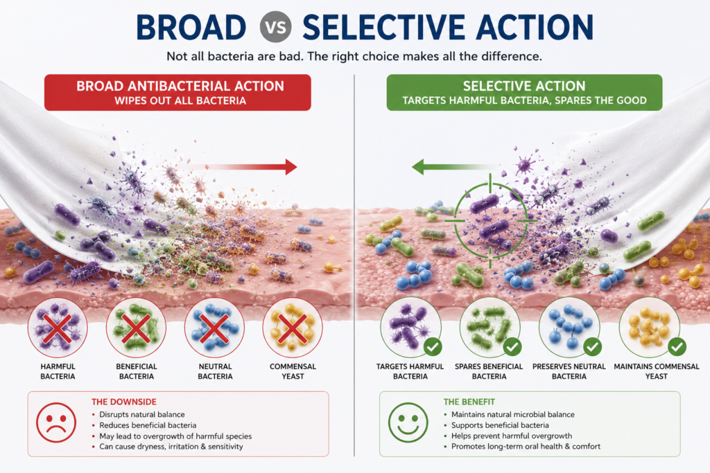 Selective antibacterial action of miswak compared with broad spectrum mouthwash
