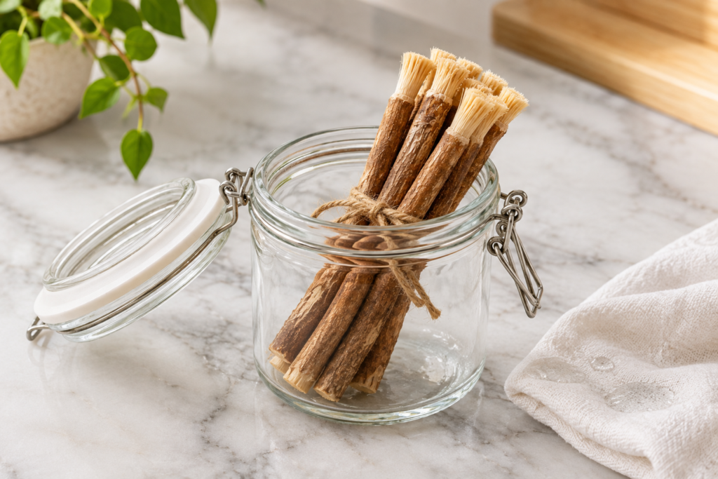Bundle of miswak sticks stored in an airtight container with a damp cloth