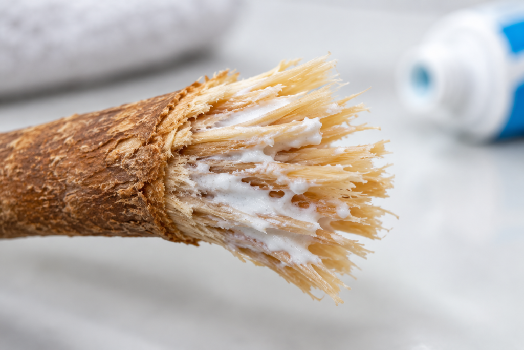 Toothpaste residue clogging the fibres of a miswak stick tip