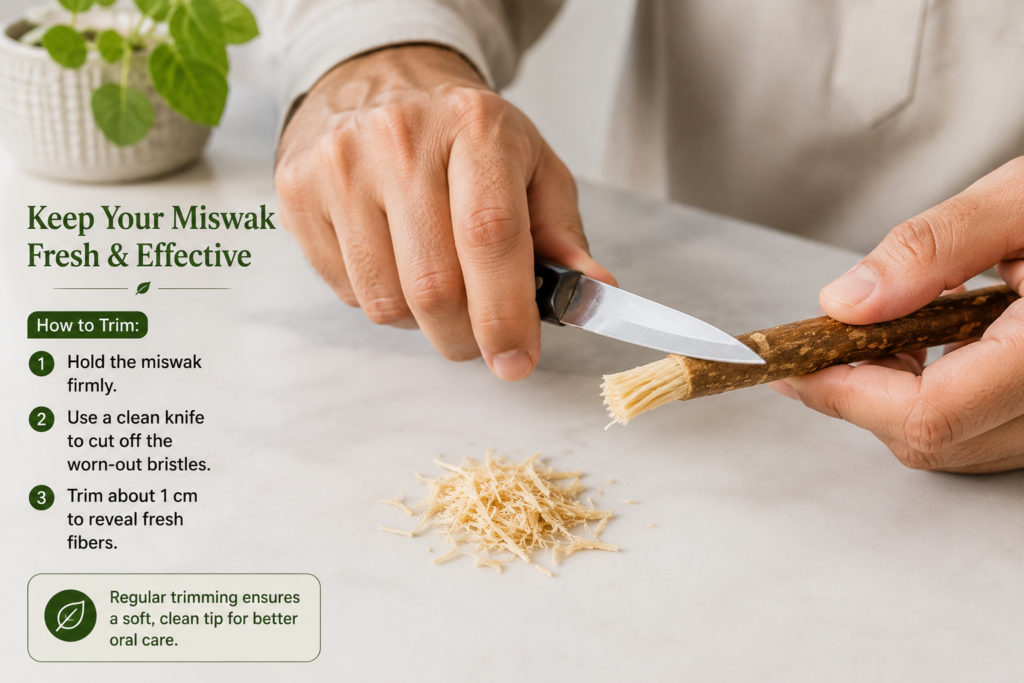 Trimming worn bristles from a miswak stick to keep it working effectively