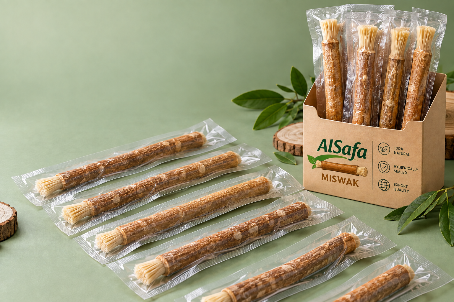 Individually vacuum-sealed miswak sticks arranged in rows, ready for retail and export