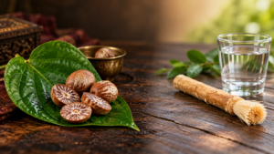 Betel leaf and areca nuts beside a fresh miswak stick and a glass of water