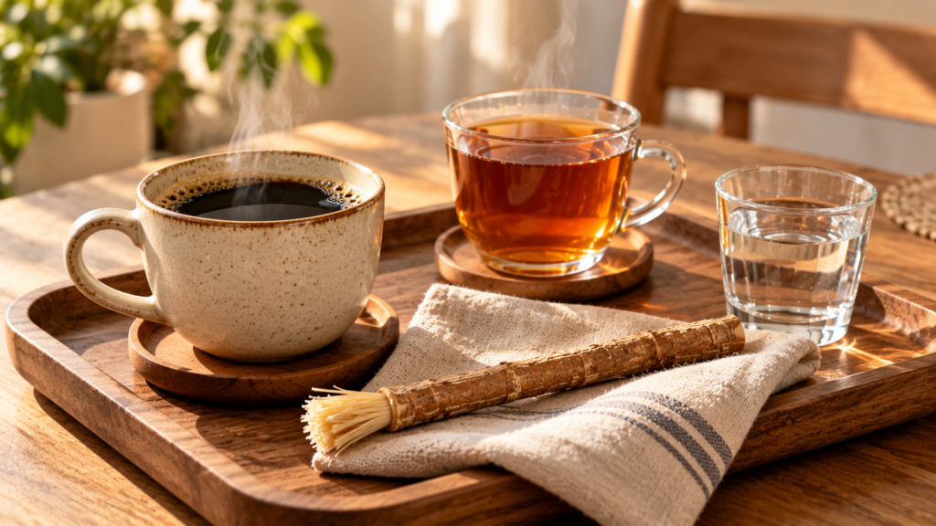 Miswak stick on a tray with coffee, tea and a glass of water
